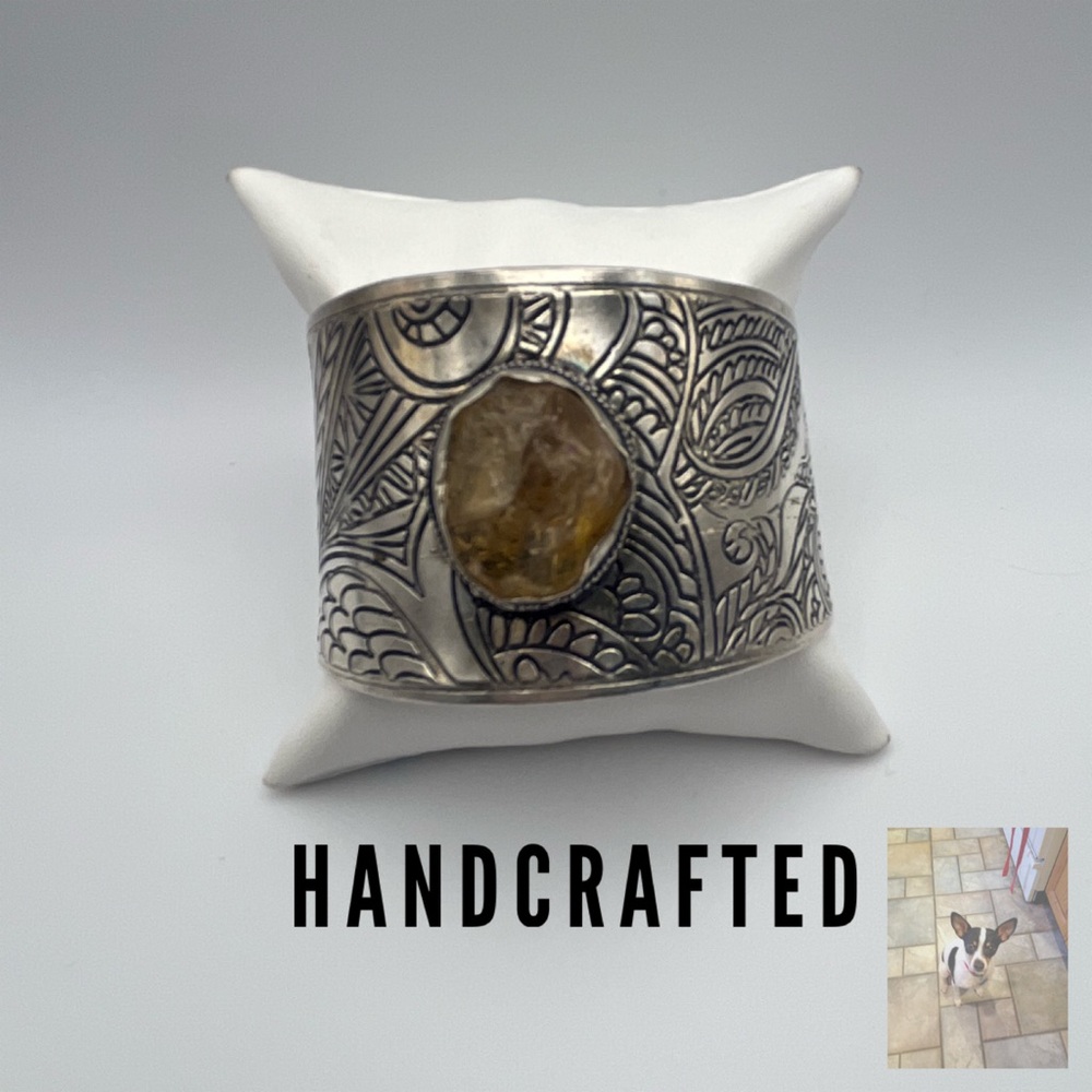 Handcrafted Silver Tone and Raw Citrine Cuff Bracelet